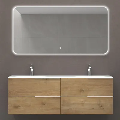 Produktbild von Mai & Mai Badmöbelset Waschbeckenunterschrank BTH: 144x48x52cm 4 Schubladen Kerneiche mit Doppelwaschbecken und LED-Spiegel Vanessa