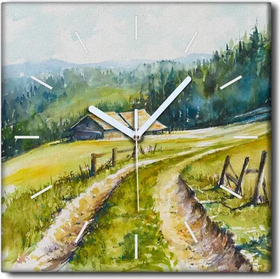 Produktbild von Coloray Uhr auf Leinwand 30x30 cm Wand Uhr Dekoration Wohnzimmer Segeltuch weiße Zeiger -Aquarelllandschaft
