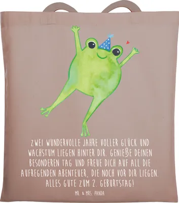 Produktbild von Mr. & Mrs. Panda Tote Bag 2. Geburtstag - Braun Pastell - Geschenk, Happy Birthday, Tasche, zweiter, Alter, Geburtstagsgeschenk, Pandasprüche., dokumententasche, Shopping