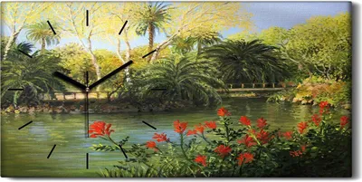 Produktbild von Wandkunst Leinwand Bild Uhr 60x30 Malerei Wald Bäume Fluss Brücke Kunst - schwarze Hände