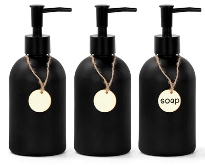 Produktbild von Set mit 3 schwarzen Glas-Seifenspendern, 410-ml-Spülmittelspendern, Küchenseifenspendern, nachfüllbaren Shampooflaschen mit Etiketten, nachfüllbaren Pumpspendern für Bad und Küche