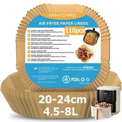 Image de Papier sulfurisé pour friteuse à air, 110 pièces, format carré, compatible avec les friteuses de 4,5L à 8L, de 20 à 24 cm, résistant à la chaleur jusqu'à 220°C