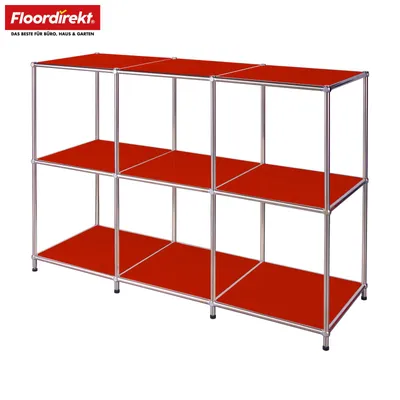 Obrázek produktu pro Regál Floordirekt Concept Epure MK-018, kovová konstrukce, barva červená, rozměry 116 cm (šířka) x 40 cm (hloubka) x 82 cm (výška), komoda/nízký regál se 3 otevřenými policemi, chromovaná kovová konstrukce