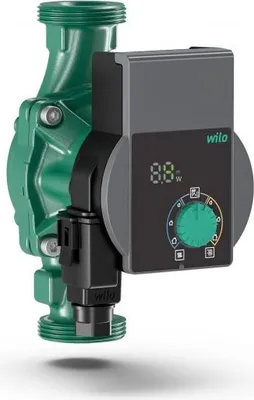 A green and gray water pump with a black control panel and a green dial.