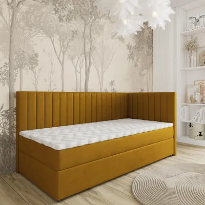 Produktbild von Masseno Boxspringbett ARIS 100x200 cm Komplett-Set mit Bonell Matratze und Topper, Polsterbett mit Bettkästen -Gelb, KRONOS 01