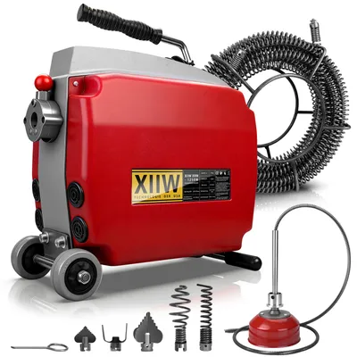 Produktbild von Elektrische Rohrreinigungsmaschine 1250W 550 U/min, für Rohrdurchmesser Ø20-200 mm, Abflussreiniger 18M+7M xØ22mm Feder, 5 Bohrköpfe, mit Bodenrollen