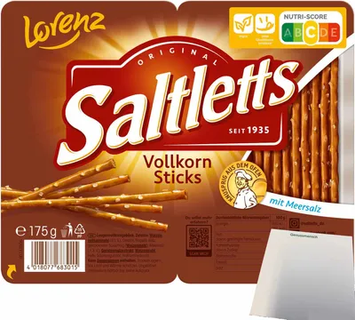 Produktbild von Lorenz Saltletts Sticks Vollkorn Salzstangen mit Meersalz (175g Packung) + usy Block