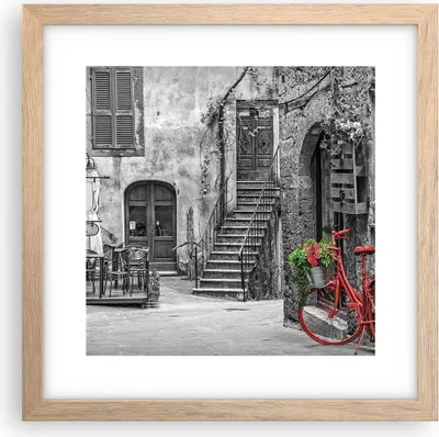 Produktbild von Gerahmtes Poster - Rahmen in heller Eiche - Rot Fahrrad Allee - 30x30 cm - Wand Bild - Wanddeko - Wandbilder - Kunstposter - Wandposter - Bilderrahmen - Bilder - Kunstdruck - P2NAC30x30-4410