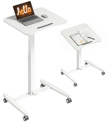 Productafbeelding van In hoogte verstelbaar sta bureau, verrijdbaar bureau met kantelbaar tafelblad, veiligheidsstop, wielen, wit