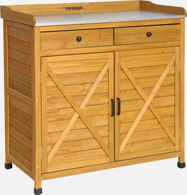 A wooden cabinet with a metal top, featuring two doors and two drawers.