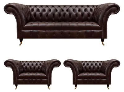 Immagine prodotto di Set di divani Chesterfield marrone scuro Set completo di divano e poltrona 3 pezzi