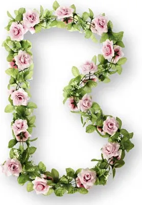 A garland shaped like the letter B, made of pink roses and green leaves, on a white background.