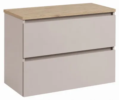 Produktbild von Badezimmerschrank hängend 80 mit Schubladen, Korpus in Kaschmir + Platte in Eiche hell, mit Griffen, 80 x 46 x 58,6 cm, KI-generiertes Bild