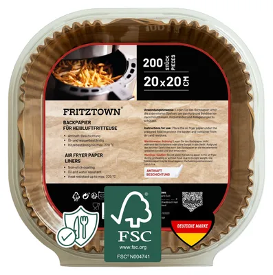 Produktbild von FRITZTOWN® Air Fryer Papier – 200 Stück, 20x20 cm Quadratisch | Antihaft Backpapier für Heißluftfritteusen | Kompatibel mit Ninja COSORI Philips Cecotec Midea Russell Hobbs XL XXL Airfryer