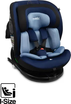 A navy blue and light blue child car seat with a black base, shown from a front-diagonal angle.
