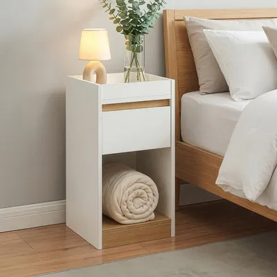 Produktbild von Nachttisch 'Lure' 55 x 30 x 35 cm mit 1 Schublade und 1 Ablagefach Weiß/Eicheoptik