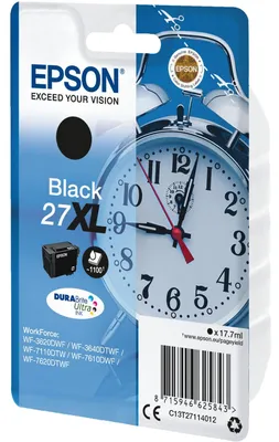 Produktbild von Epson Alarm clock Singlepack Black 27XL DURABrite Ultra Ink, High (L) Yield, Schwarz, Tinte auf Pigmentbasis, 17,7 ml, 1 Stück(e), 1100 Seiten