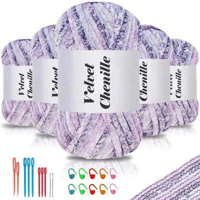 Immagine prodotto di Filato di chenille, 5 gomitoli da 100g ciascuno, estremamente morbido, ideale per lavorare a maglia e all'uncinetto