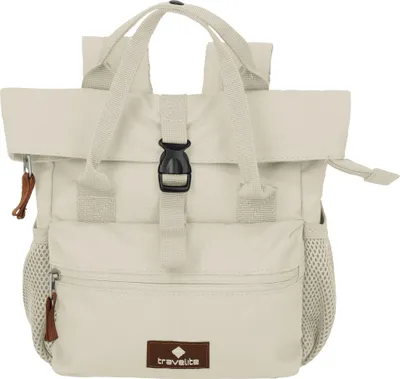 A cream white mini backpack with a roll-top closure and a front zipper pocket.
