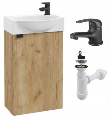 Zdjęcie produktu dla Szafka Łazienkowa Dąb Craft Złoty Mat z Umywalką 40 cm Bateria Mała Syfon
