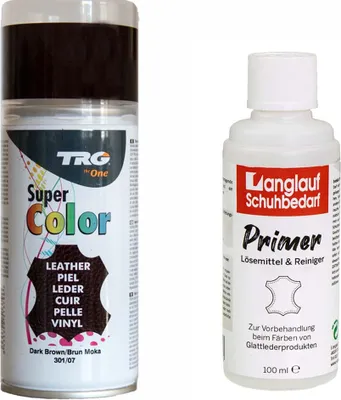 Produktbild von TRG Lederfarbspray 150ml Dose + Primer Lederreiniger 100ml - Color Spray, Farbspray Schnelltrocknend, Abriebfest - zum Färben aller Glattleder und Kunstleder mocca 301/07