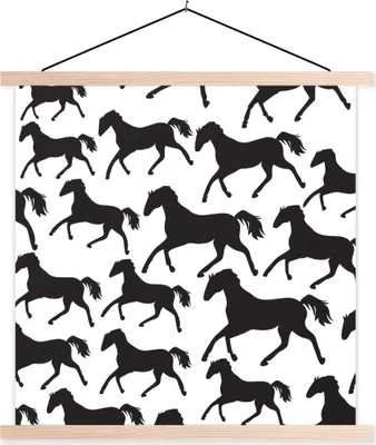 Produktbild von MuchoWow® Textilposter Pferde - Schwarz - Weiß - Mädchen - Kinder - Mädchen 40x40 cm mit holzfarbenen Rahmen - Posterleiste