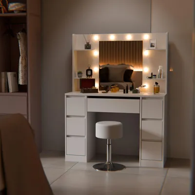Produktbild von Juskys Schminktisch Malia und Hocker Tonia mit LED, 7 Schubladen & großem Spiegel – Weiß