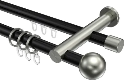Produktbild von Interdeco Rundrohr-Innenlaufstange / Gardinenstange (Kombination) Schwarz / Edelstahl-Optik, Typ Platon Luino (Kugel), 20 mm Ø 2-läufig, 520 cm