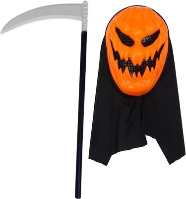 Productafbeelding van Spookachtig pompoenmasker voor Halloween, griezelige horroraccessoires, sikkel en demon kostuum voor feest en carnaval
