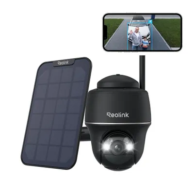 A black Reolink security camera with a solar panel and a smartphone displaying a live feed.