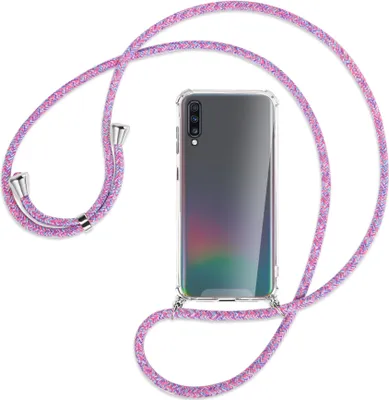 Produktbild von Handykette Backcover-Schutzhülle mit Band (Metall silberfarben) für Samsung Galaxy A70 - lila/rosa/blau