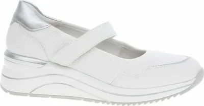A single white women's shoe with a silver accent on a white background.