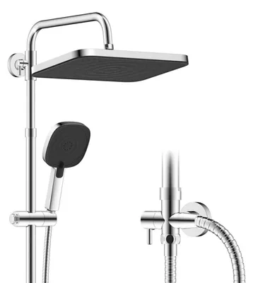 Immagine prodotto di Set doccia a pioggia autopulente con barra portaoggetti in acciaio inossidabile, nero/cromato, 30x20 cm