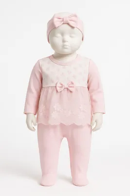 Produktbild von Baby Mädchen Set, Strampler mit Fuß + Stirnband, 100% Baumwolle, Größe: 56, Farbe: Rosa