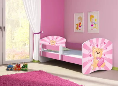 A child's bedroom with a pink bed decorated with teddy bears.