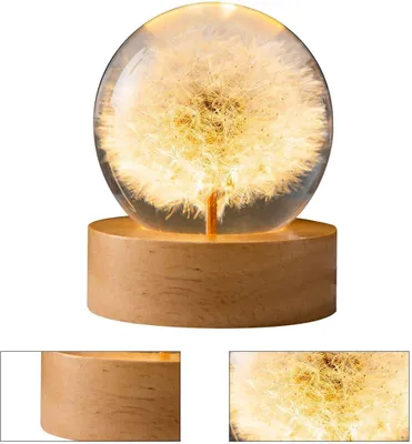 A dandelion encased in a glass sphere, illuminated by LEDs, resting on a wooden base.