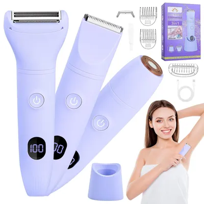 Imagen del producto de Afeitadora eléctrica para mujeres, 3 en 1, para rostro, zonas íntimas y piernas. Carga USB. Afeitadora para uso húmedo y seco. Pantalla LCD. Resistente al agua (IPX7). Ideal para la zona del bikini