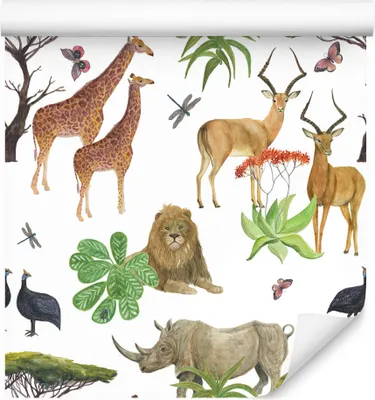 Immagine prodotto di 10m VLIES WALLPAPER rotolo animali selvatici leoni giraffe gazzelle alberi acquerello XXL