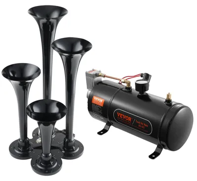 Image de Kit klaxon de traction VEVOR, kit klaxon d'air à 4 trompettes, klaxon de traction 150 dB pour camions pick-up, compresseur d'air 12 V 120 psi, réservoir 3 L avec manomètre pour tout véhicule 12 V, voiture, camion, train, van, bateau, etc. Noir