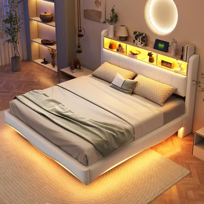 Image de OKWISH Lit Double 160x200 cm - Lit Rembourré avec LED et Ports USB/Type-C, Coffre de Rangement, Design Suspendu, Tissu, Sans Matelas - Beige
