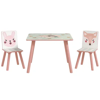 Image de ZONEKIZ Table et 2 chaises pour enfants 3-8 ans ensemble 3 pièces motif animaux pour chambre à coucher salle de jeux pieds en bois massif rose