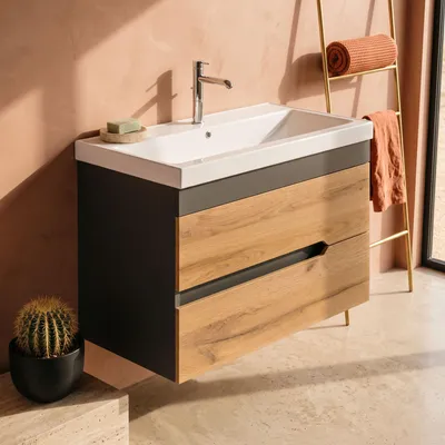 Produktbild von Waschtisch mit Unterschrank 80 cm | Badezimmerunterschrank & Keramikwaschbecken