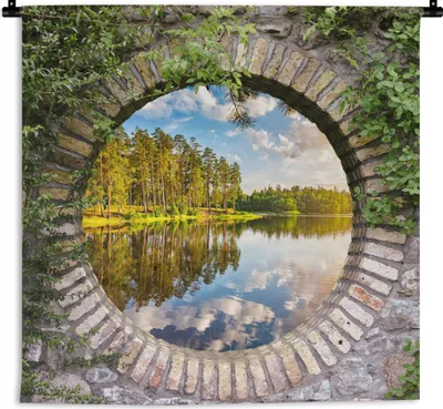 Produktbild von MuchoWow® Wandteppich Wandbehang Bäume - Wasser - Aussicht 90x90 cm Tapisserie Dekoration Wandtuch - Wandaufhänger