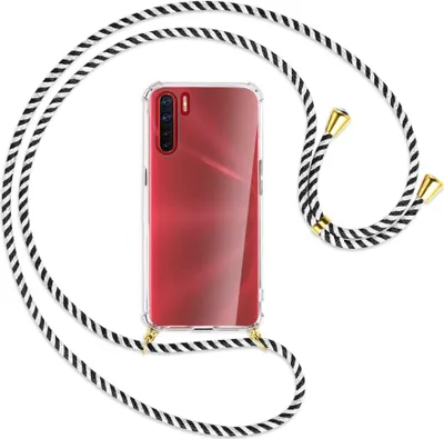 Produktbild von Handykette Backcover-Schutzhülle mit Band (Metall goldfarben) für Oppo A91 / F15 / Reno3 - schwarz/weiß gestreift