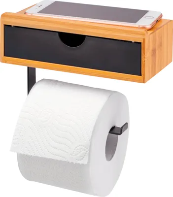 Zdjęcie produktu dla uchwyt na rolkę papieru toaletowego eluno, funkcja 3 w 1, pojemnik na mokre chusteczki, półka, bambus/metal, czarny