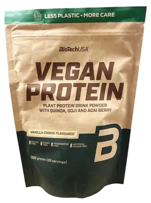 Produktbild von BioTechUSA Vegan, Pulver, Erbsenprotein, Reisprotein, Kekse, Vanille, L-Arginin, L-Glutamin, 19 g, 106 kcal