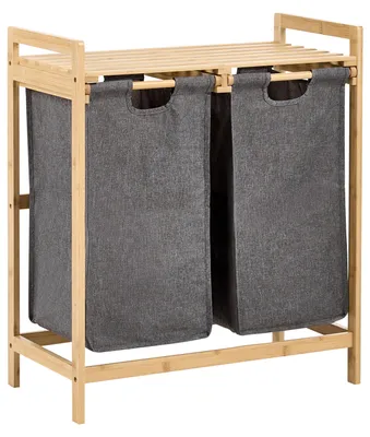 Produktbild von BELIANI Badregal mit 2 Wäschekörben Hellbraun u. Grau Bambus 73 cm Hoch Lamellen-Optik Latten-Optik Skandi Badezimmer Ausstattung Badmöbel Bambusregal