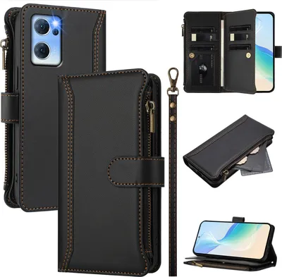 Produktbild von Handyhülle für Oppo Reno7 5G Reißverschluss Geldbörse Kunstleder Klapphülle mit Kartensteckplatz, Ständer, Handschlaufe Schwarz