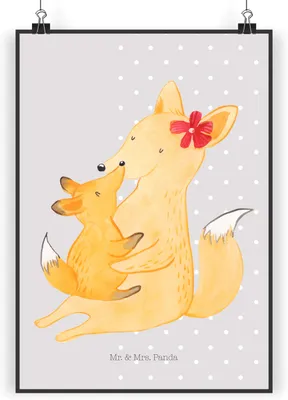 Produktbild von Mr. & Mrs. Panda Bild Fuchs Mama DIN A3 - Grau Pastell - Geschenk, Muttertag, Tochter, Mutter, wanddeko, Wandbild, kunstdruck poster, Schoß, drucke
