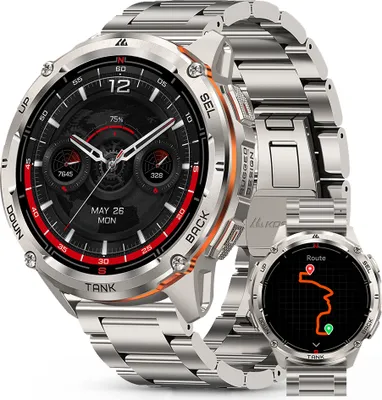 A close-up studio shot of a silver smartwatch with a black face and orange accents, displaying a route on its screen.